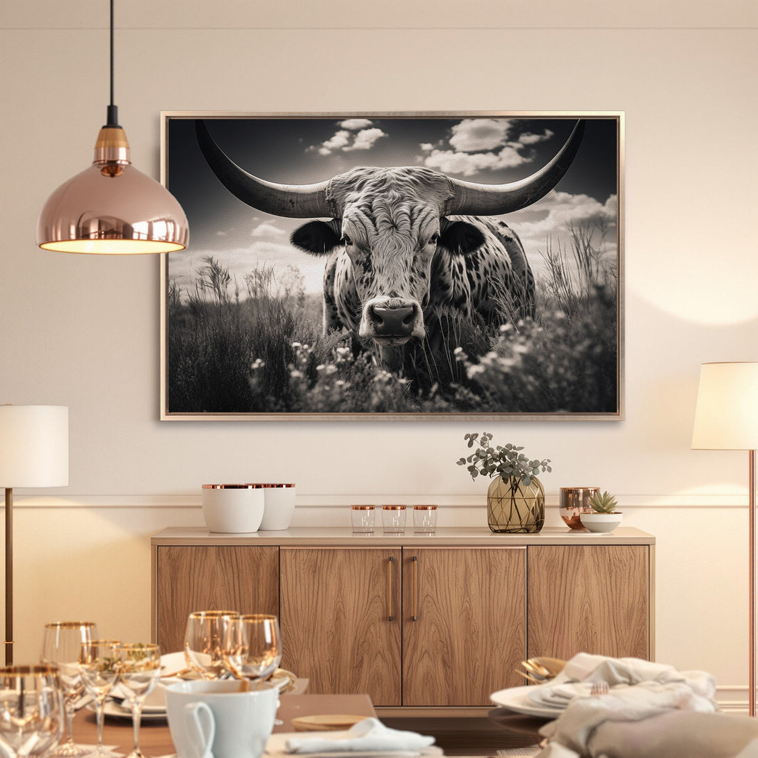 Framed Wall Art: Majestic black and white longhorn bull canvas print. Rustic farmhouse style art for your home decor.