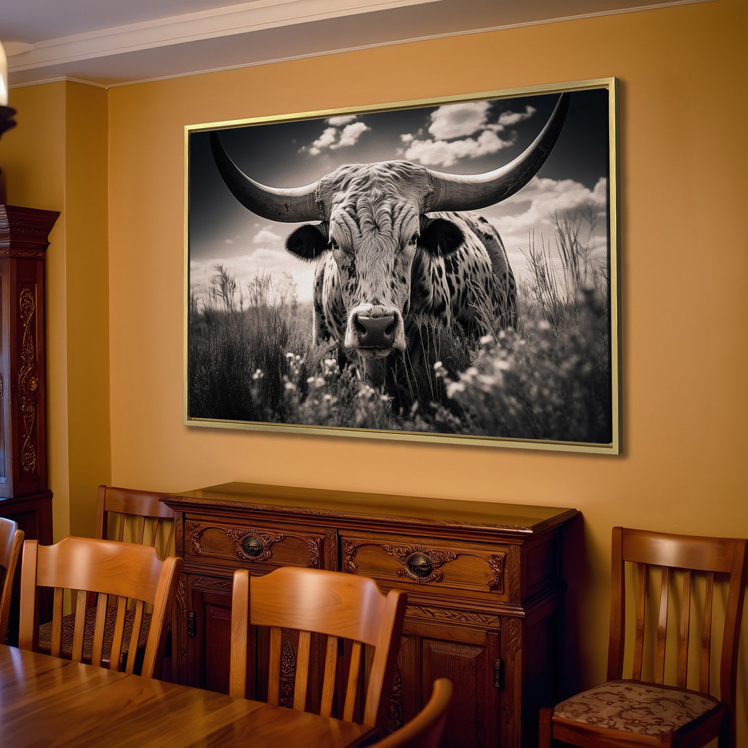 Canvas Print of a majestic longhorn in a field, black and white photography, rustic decor, neutral color palette.