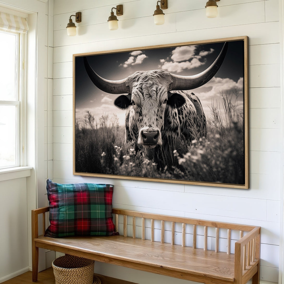 Framed Wall Art: Black and white longhorn canvas print. Rustic farmhouse style art with neutral color palette. Perfect for living room or entryway decor.