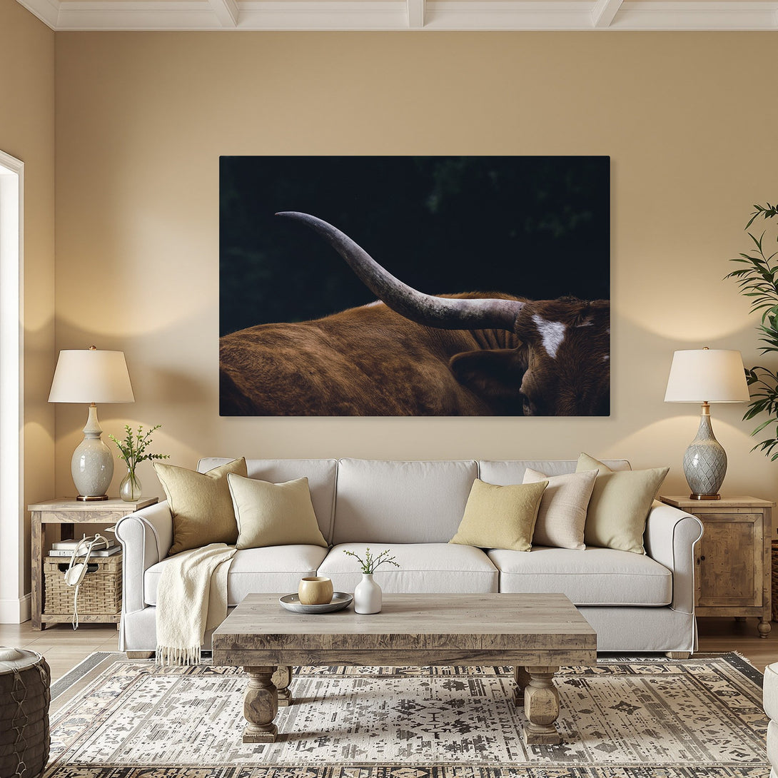 Framed Wall Art: Close-up of a Texas Longhorn in a warm, earthy color palette. Rustic style canvas print adds a touch of the wild west to your decor.