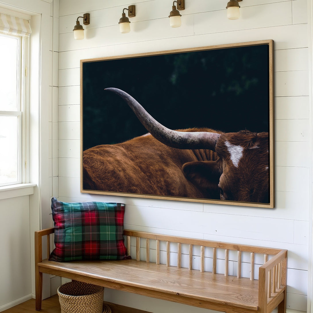 Framed Wall Art featuring a close-up of a longhorn, warm brown tones, rustic style. Perfect for adding a touch of Western charm to your home.