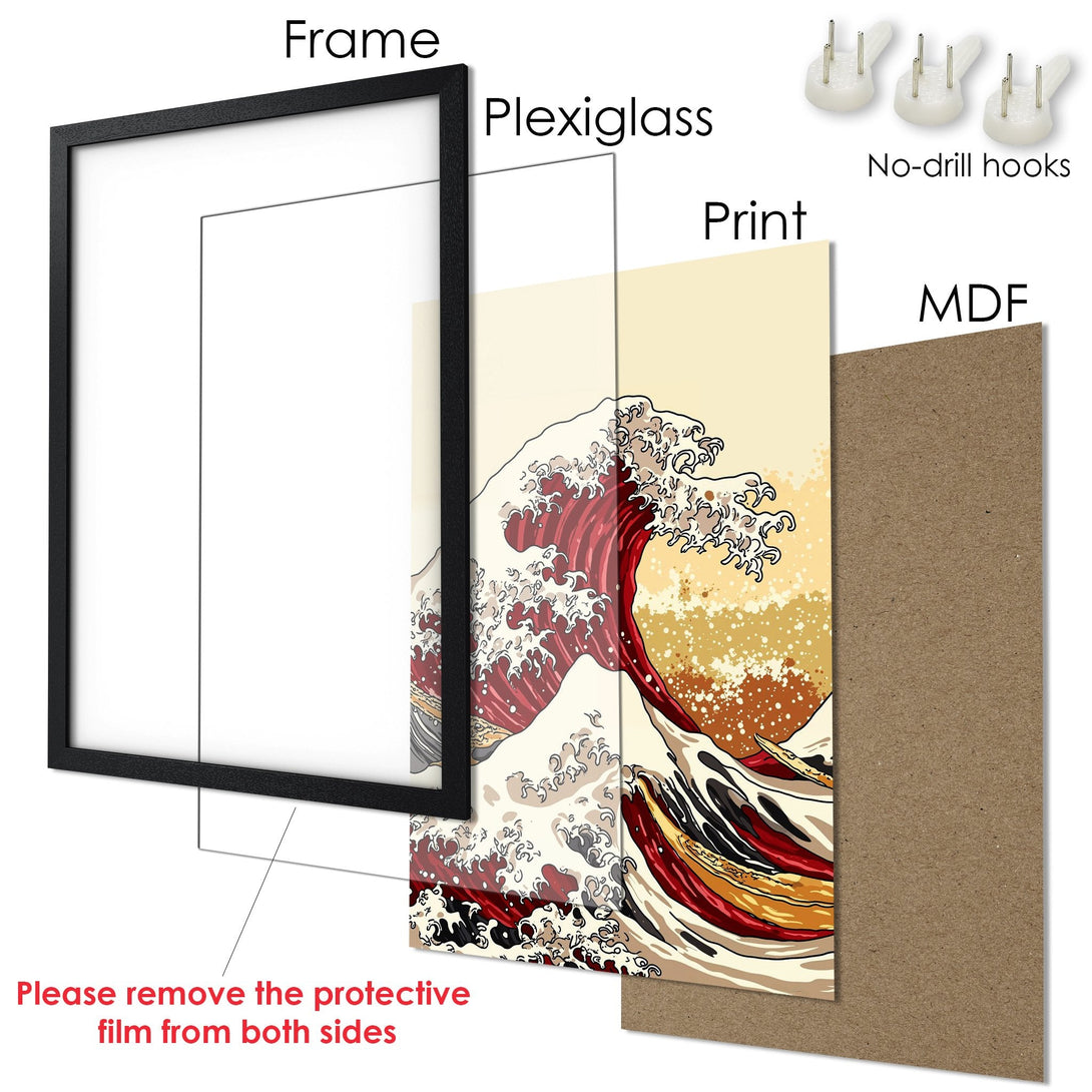 Framed Poster of a Japanese wave art print. Featuring a black frame, warm color palette, and ready to hang.