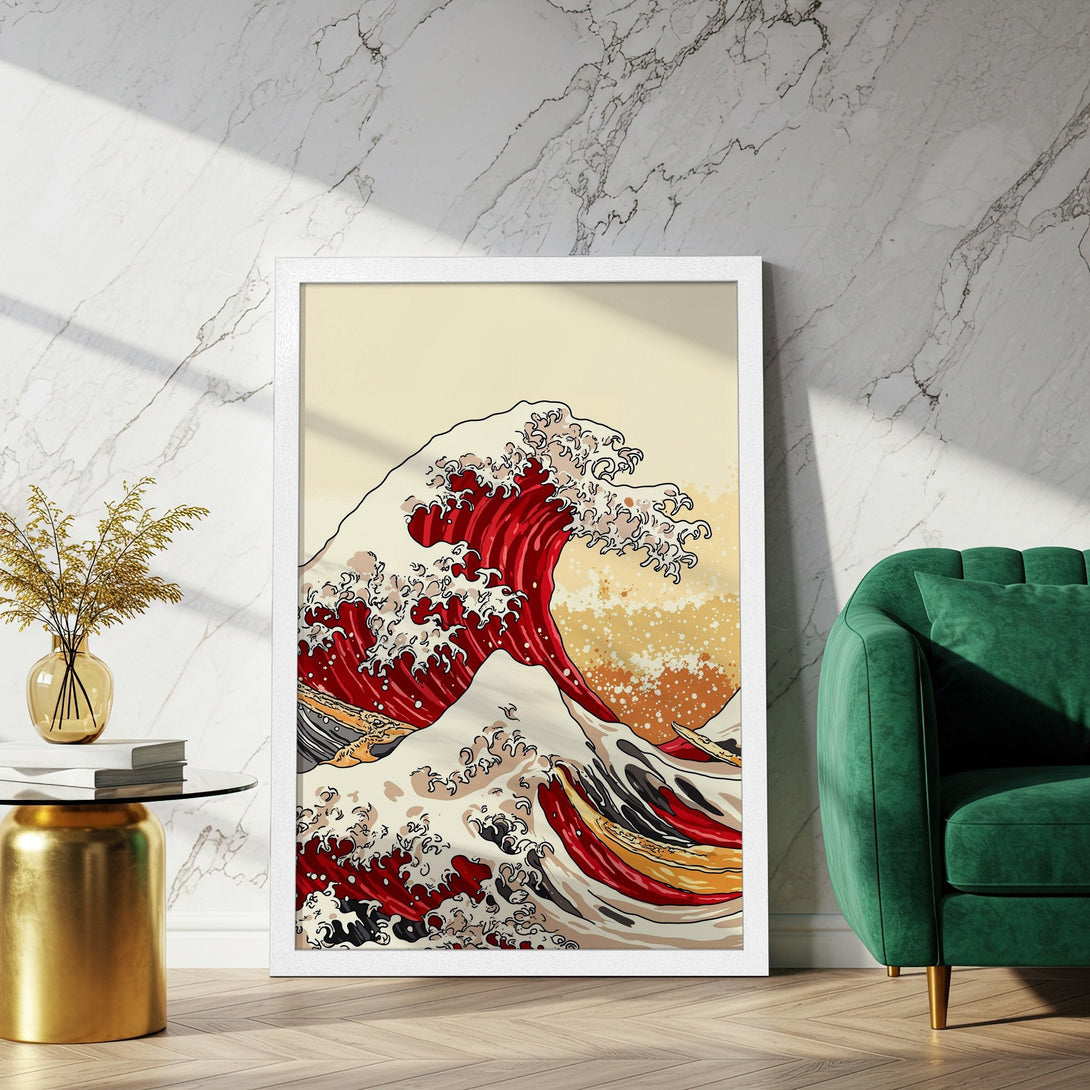 Framed Poster featuring a Japanese wave design, showcasing a bold red and cream color palette. Perfect wall art for your home!