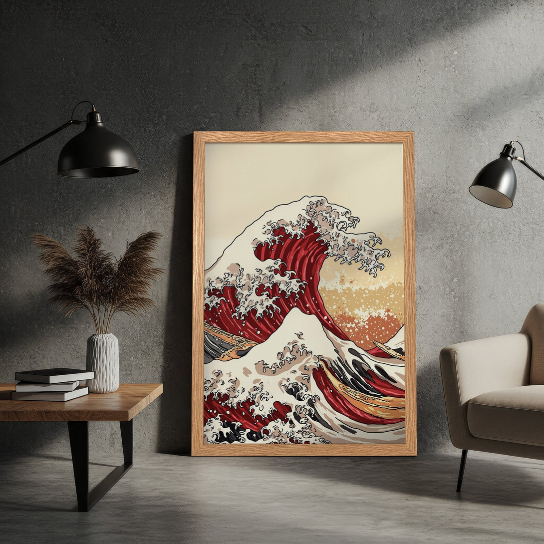 Framed Poster featuring a Japanese wave art print. Bold red, white, and beige color palette. Perfect wall art for your home!