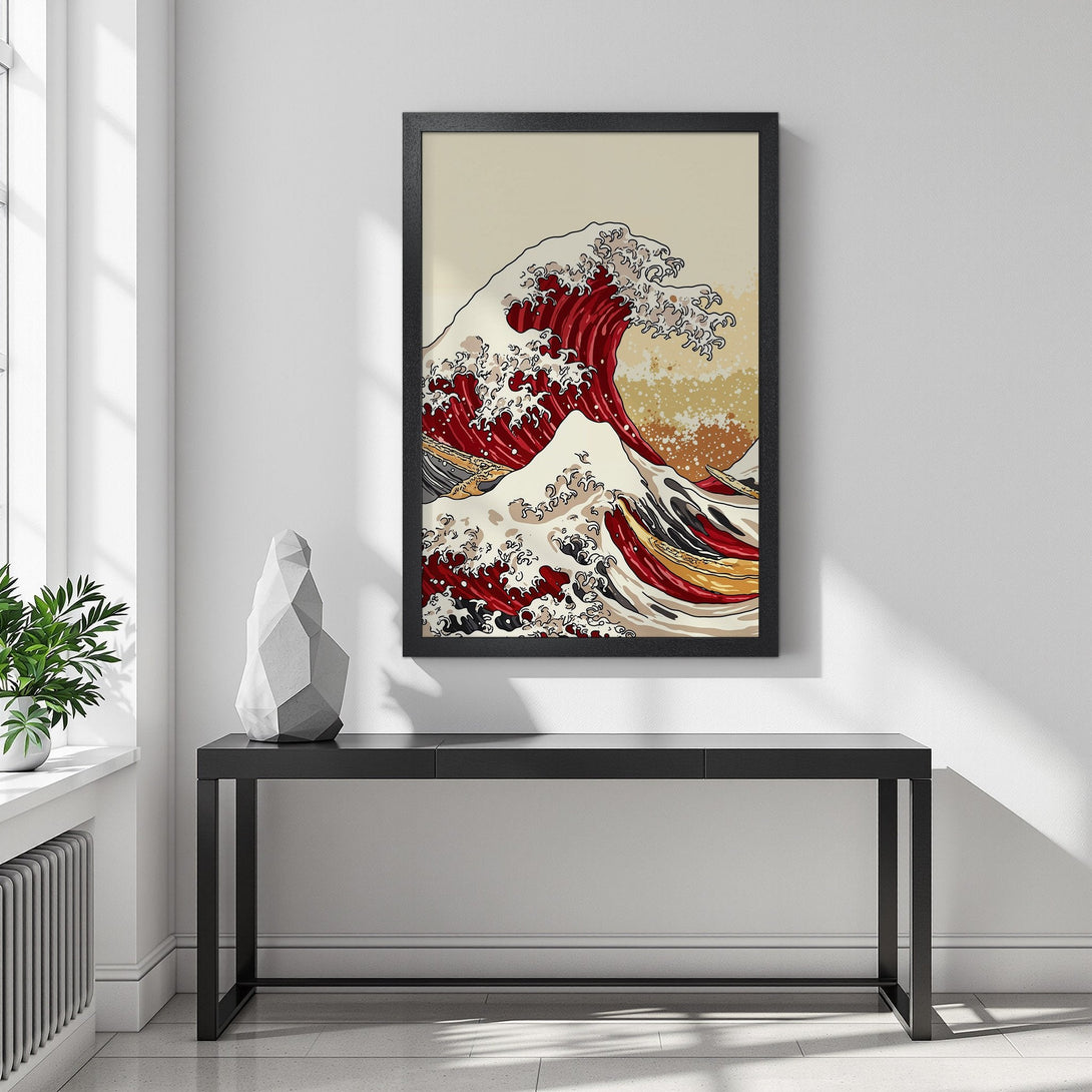 Framed Poster featuring a Japanese wave design in red, beige, and black. Perfect art for your home!
