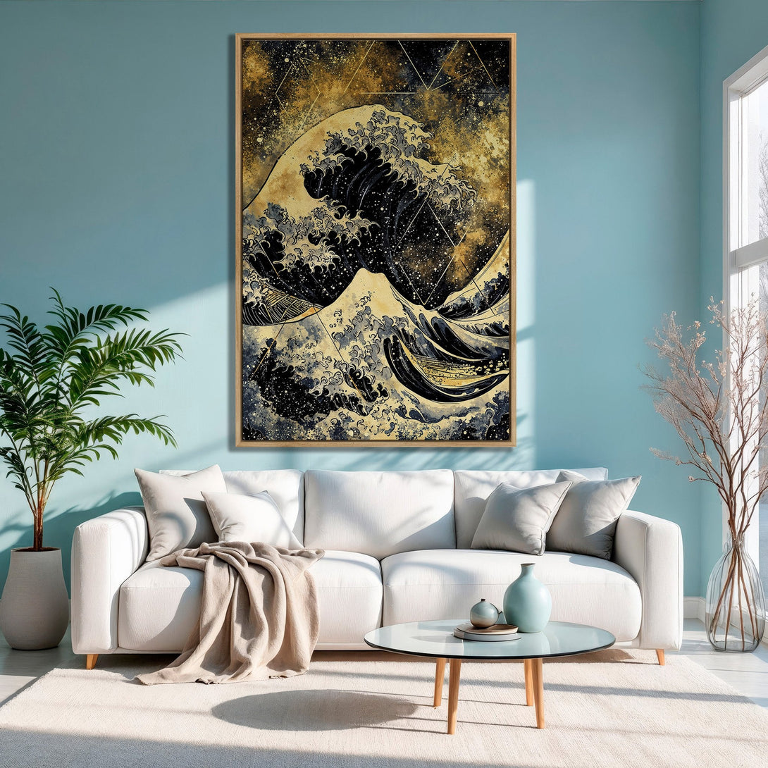 Framed Wall Art: Japanese wave print in a modern interior. Black, gold, and blue color palette. Elevate your space with this stunning canvas print!