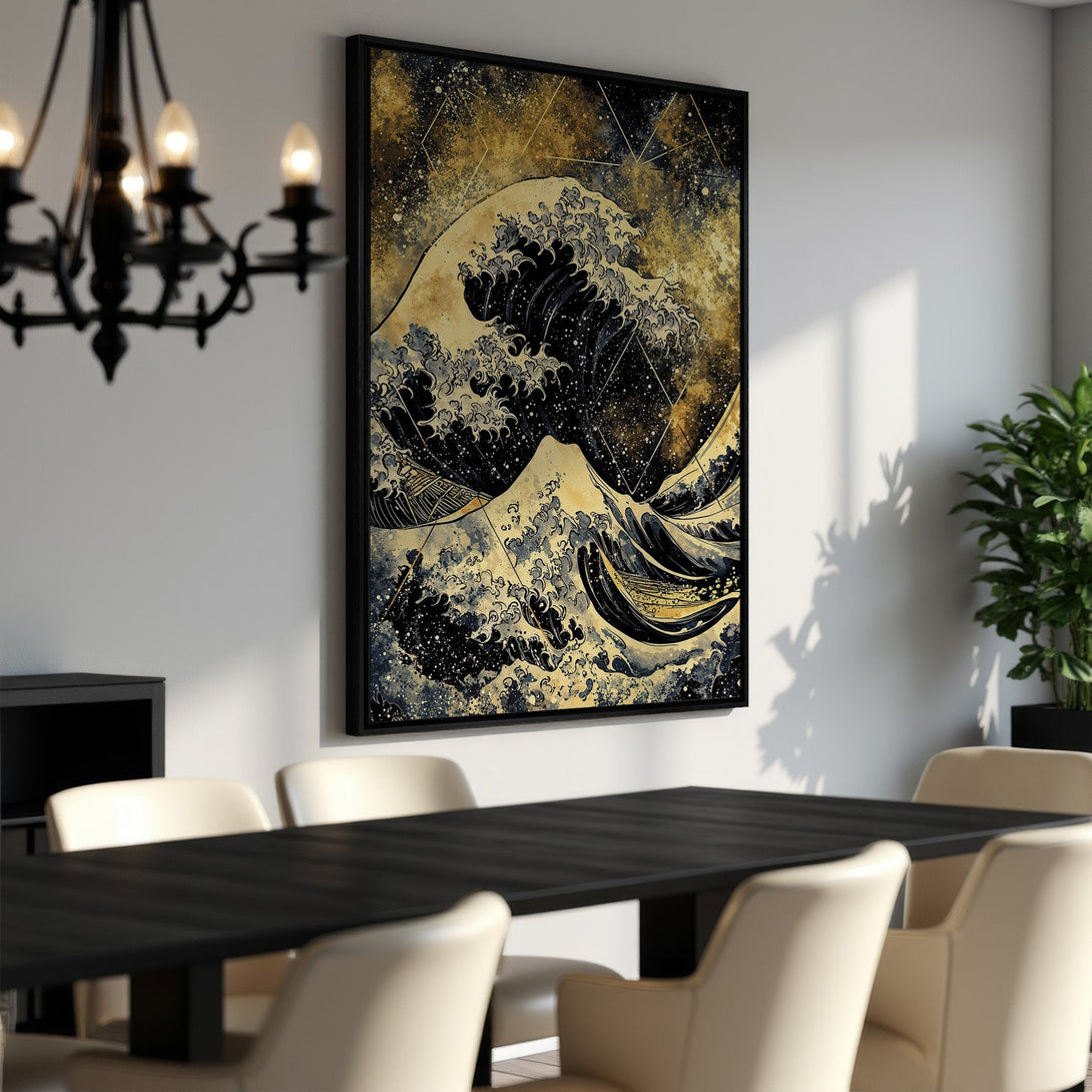 Framed Wall Art featuring a stylized wave design in a gold, black, and blue color palette. Perfect for adding an artistic touch to any room.