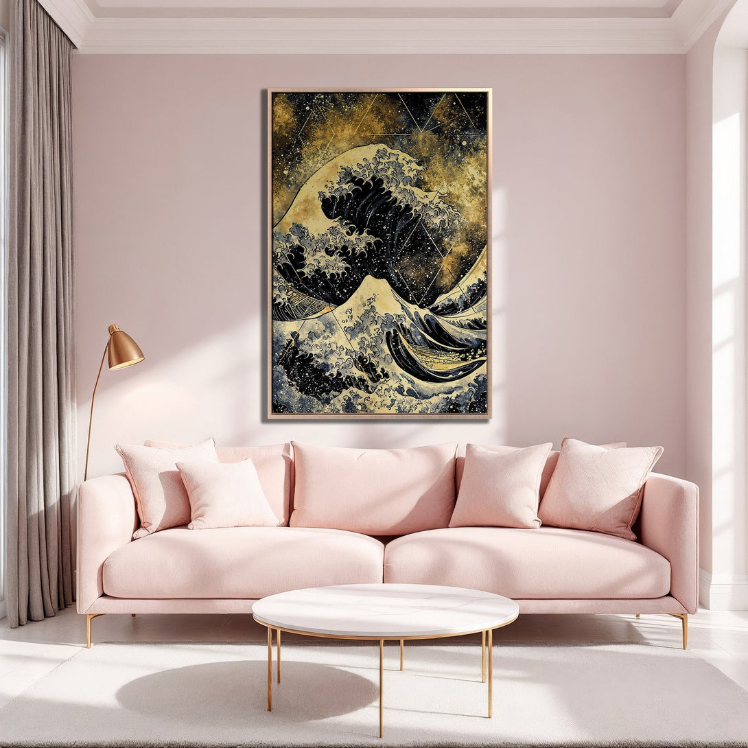 Framed Wall Art featuring a wave design in gold, black, and blue hues. Modern art canvas print displayed in a stylish, pink interior.