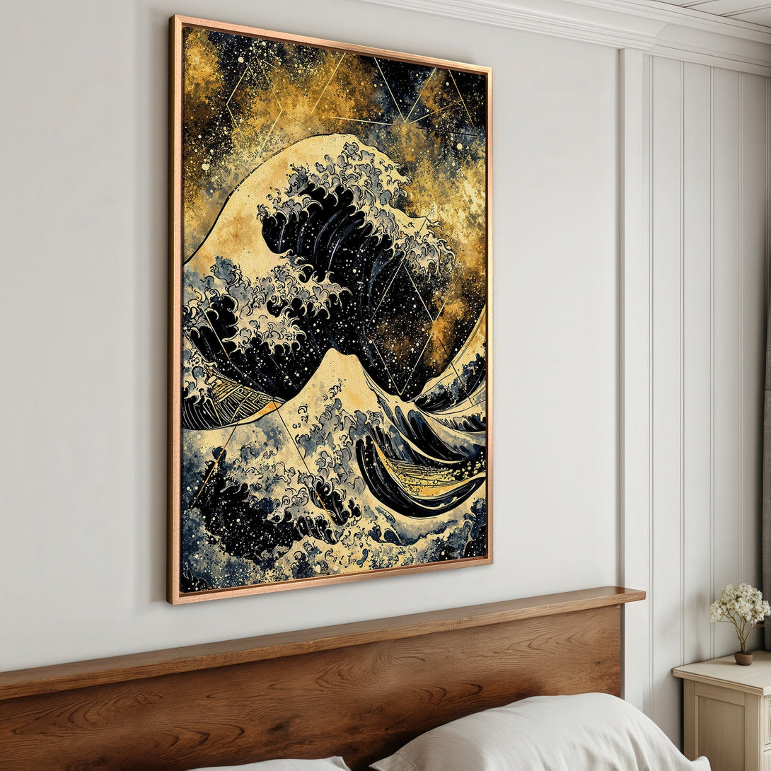 Framed Wall Art: Japanese wave art print in gold, black, and blue. Transform your space with this stunning, artistic canvas print.