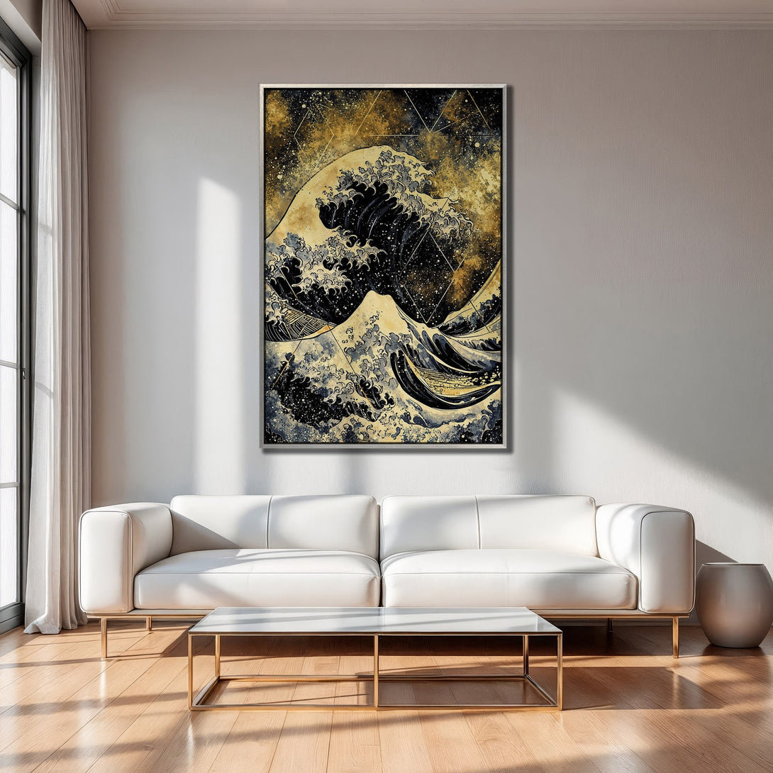 Framed Wall Art of a Japanese wave in gold, black, and beige. Modern art for your living room.