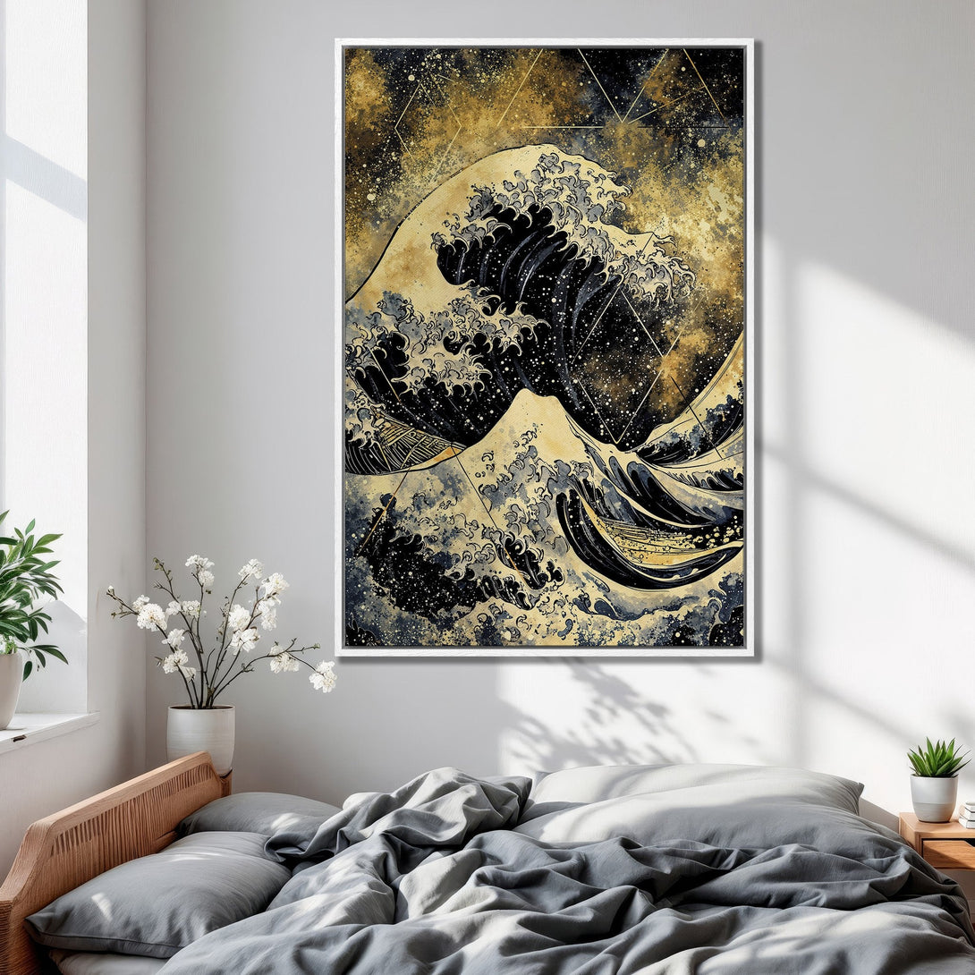 Framed Wall Art: Japanese wave art in a modern style, featuring a black, gold, and blue color palette. Perfect for bedroom decor!