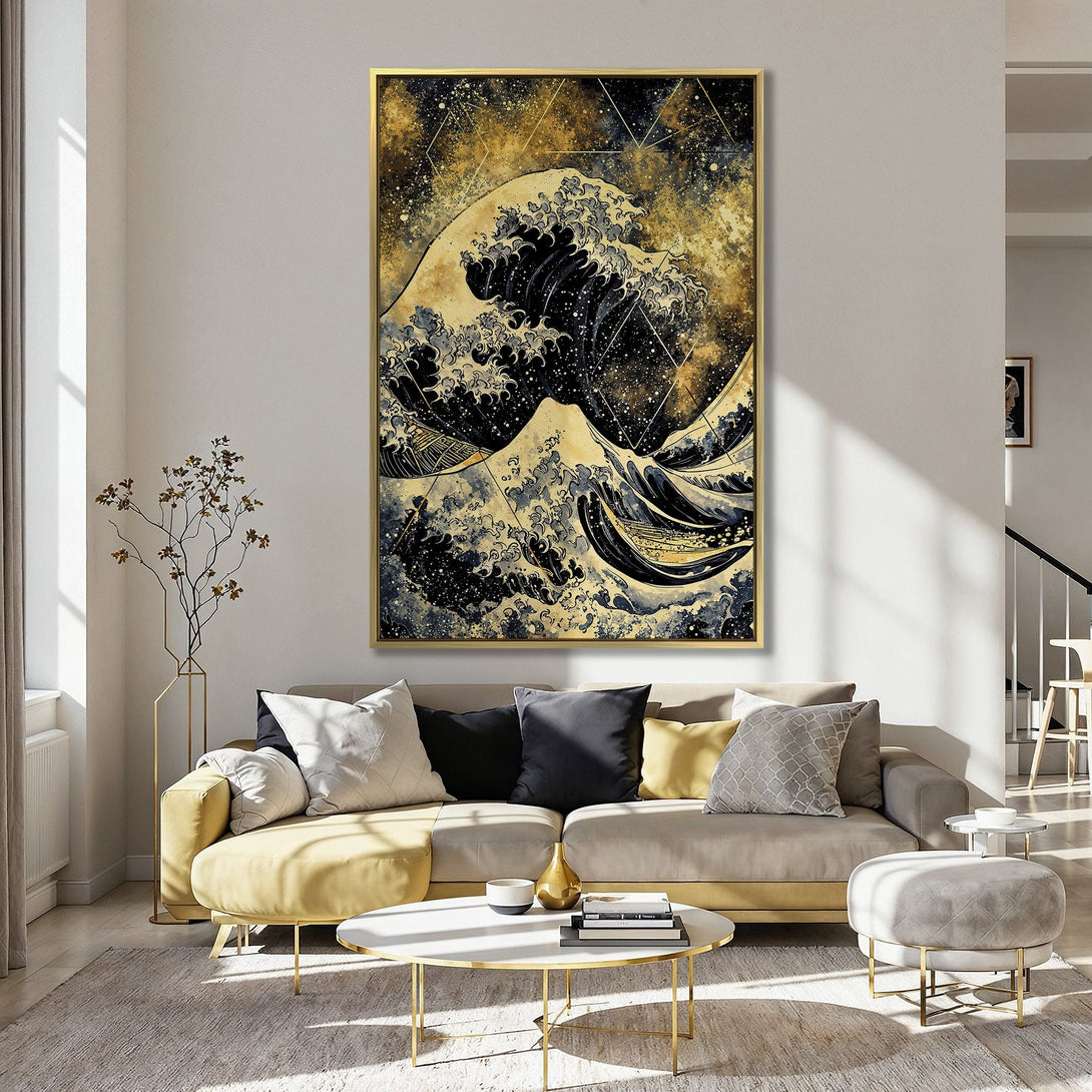 Canvas Print of a stylized Japanese wave art print, featuring a gold, black, and blue color palette, displayed in a kitchen setting.