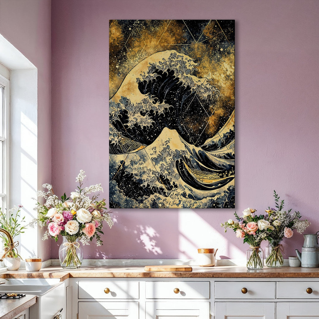 Framed Wall Art featuring a stylized wave in black, gold, and beige, perfect for adding a touch of zen to your home decor.