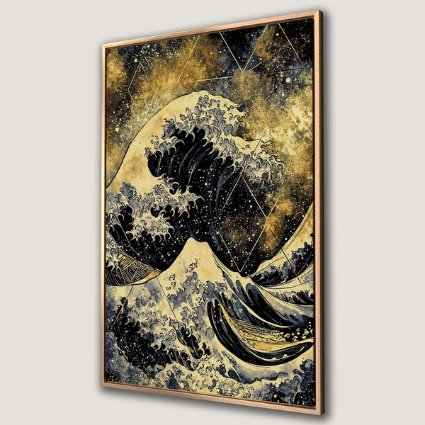 Framed Wall Art featuring a stylized wave in black, gold, and navy. A stunning, modern Canvas Print perfect for adding a touch of art to any space.