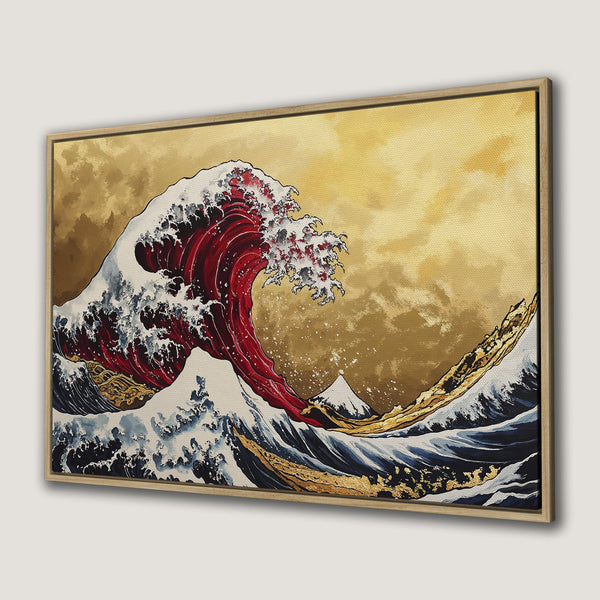 Framed Wall Art: Japanese wave art Canvas Print. Red, gold, and blue color palette. Perfect for adding a touch of zen to your home decor.