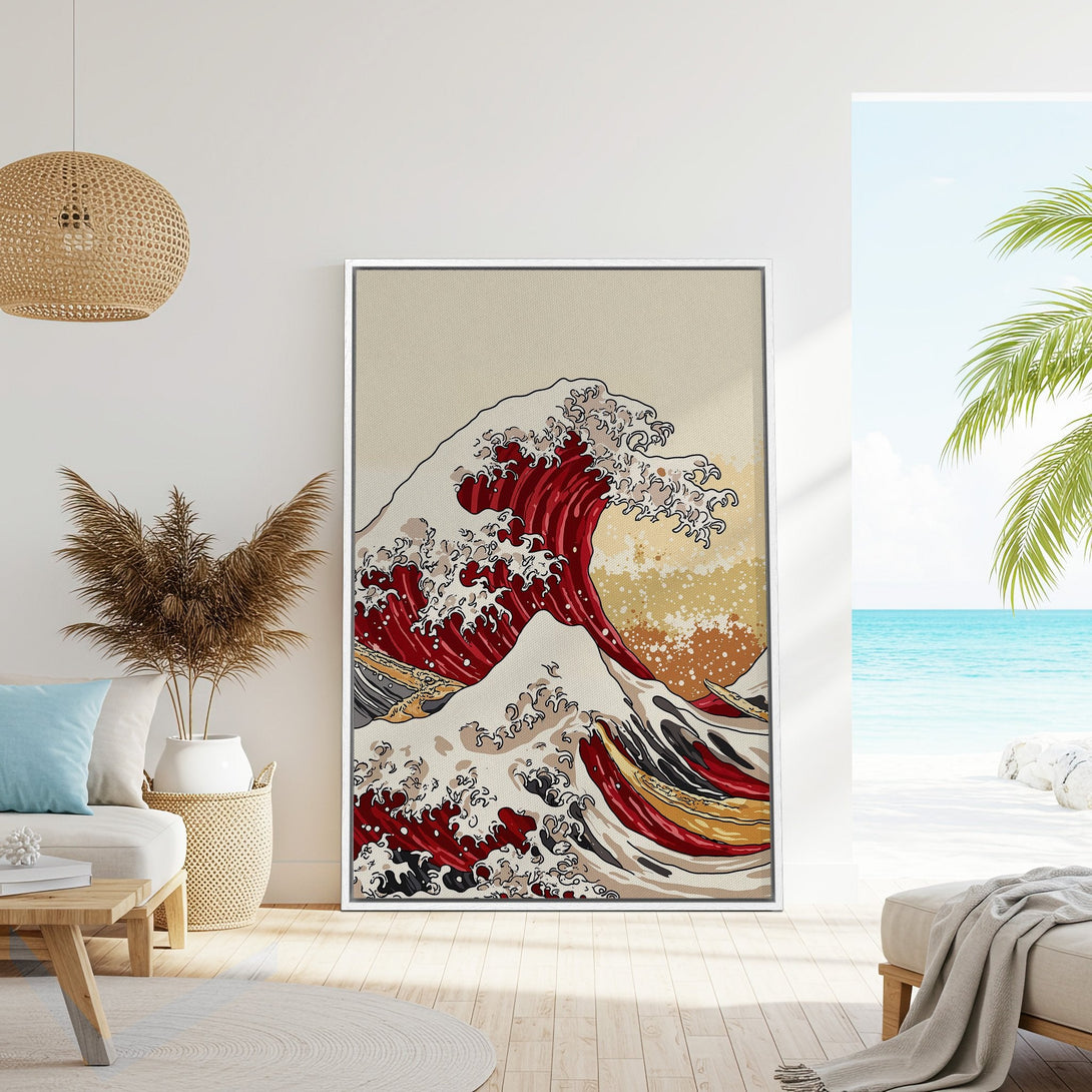 Framed Wall Art featuring a Japanese wave print in red, beige, and black. Perfect coastal decor for your home!
