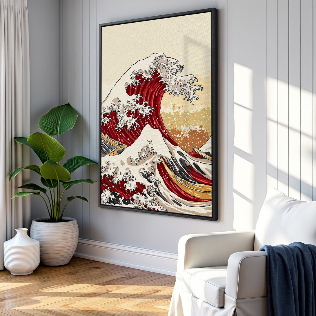 Framed Wall Art featuring a Japanese wave design in red, cream, and gold. Perfect for adding a touch of art to any space.