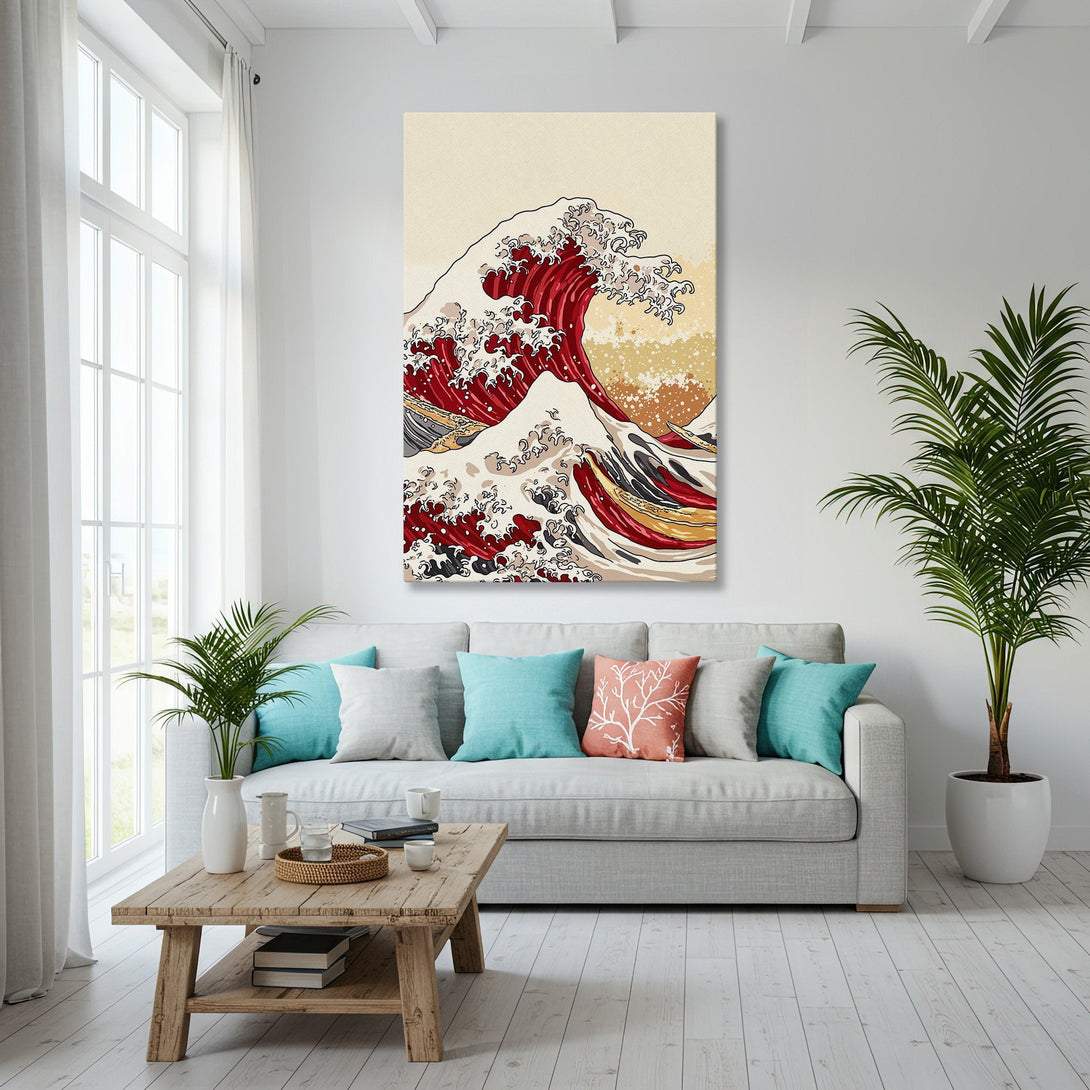 Framed Wall Art: Japanese wave Canvas Print in a modern coastal living room. Features a red, beige, and blue color palette for a stylish home decor upgrade.