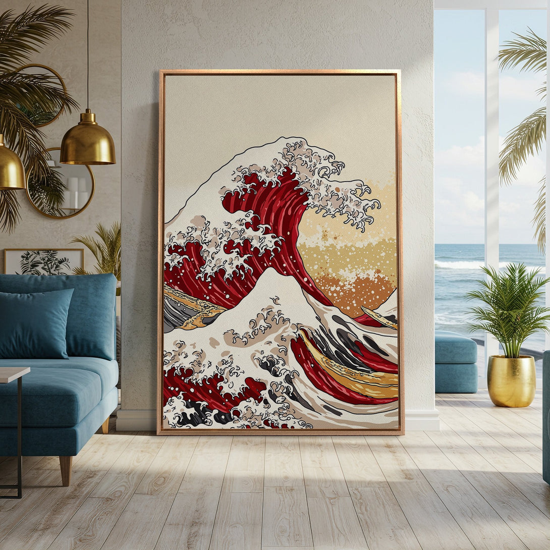Framed Wall Art featuring a Japanese wave design in a red, beige, and black color palette, perfect for adding a touch of art to your home.