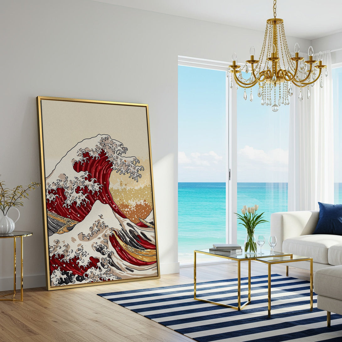 Canvas Print of a Japanese wave art, featuring red, beige, and white tones. Perfect wall art for a modern living room.