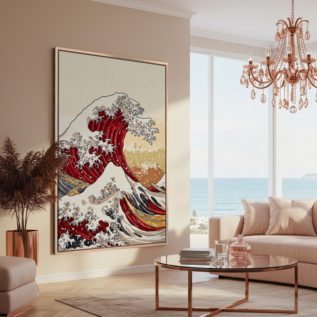 Framed Wall Art featuring a Japanese wave design in red, cream, and black. Stylish canvas print adds a pop of color to any modern interior.