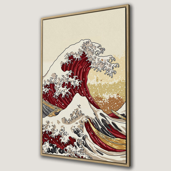 Framed Wall Art of a Japanese wave in a vintage style. Features a red, gold, and cream color palette. Perfect for adding a touch of art to your home.