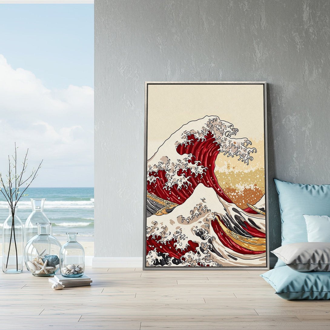 Framed Wall Art of the Great Wave. Japanese style Canvas Print with red, beige, and blue color palette. Perfect coastal decor for your home!