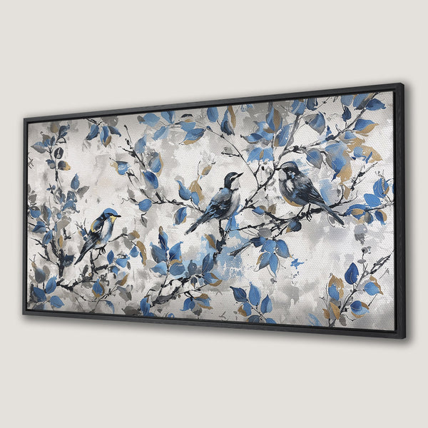 Framed Wall Art: Watercolor birds on branches in blue, gold, and gray. Add a touch of nature to your home decor!