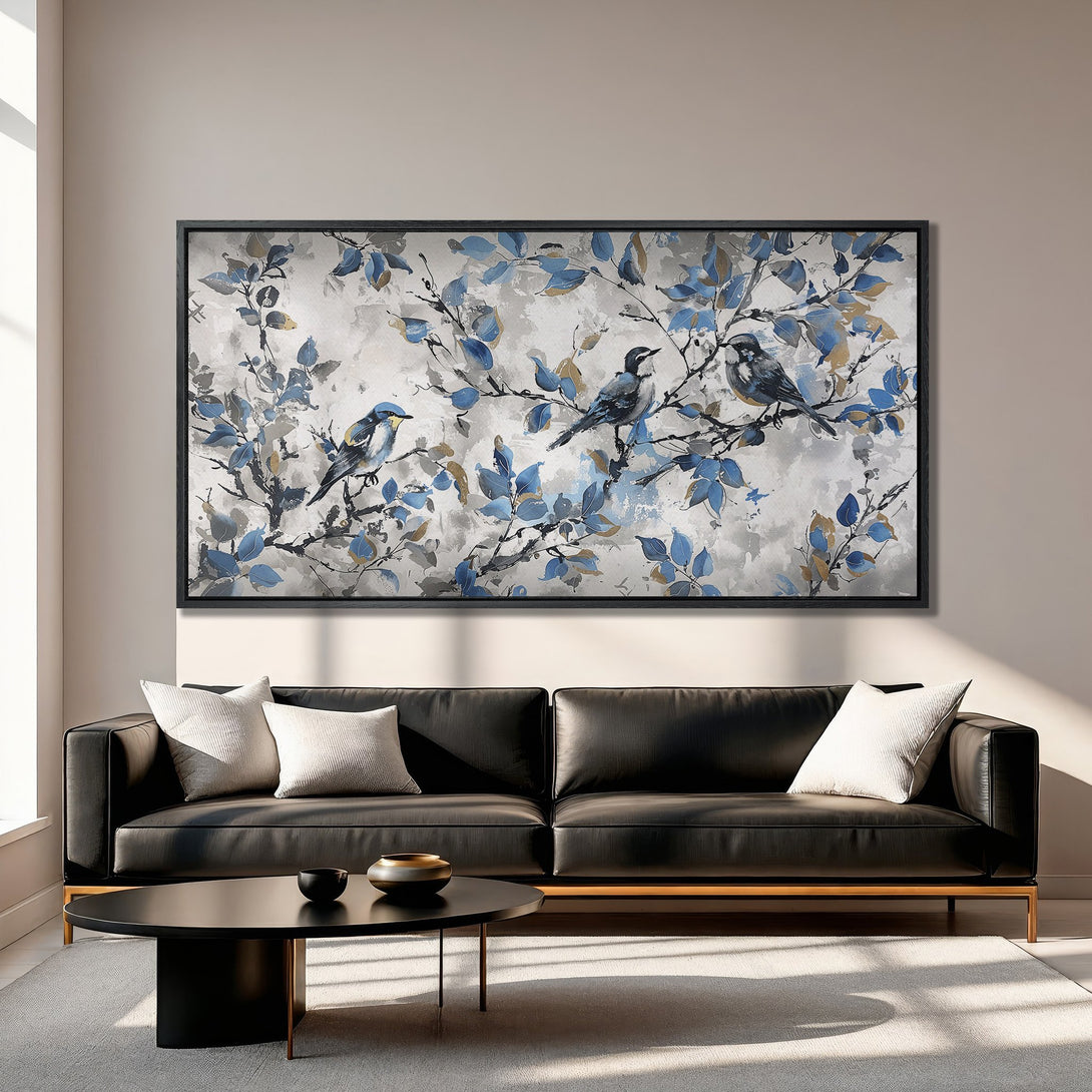 Framed Wall Art: Watercolor birds on branches in blue, gray, and gold. Modern Canvas Print adds elegance to any living room. Shop now!