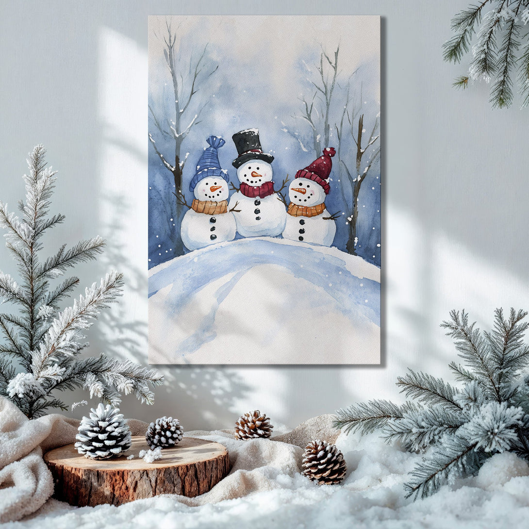Framed Wall Art: Watercolor snowman scene in blues & whites. Perfect winter decor for your home! Shop our Canvas Print collection today!