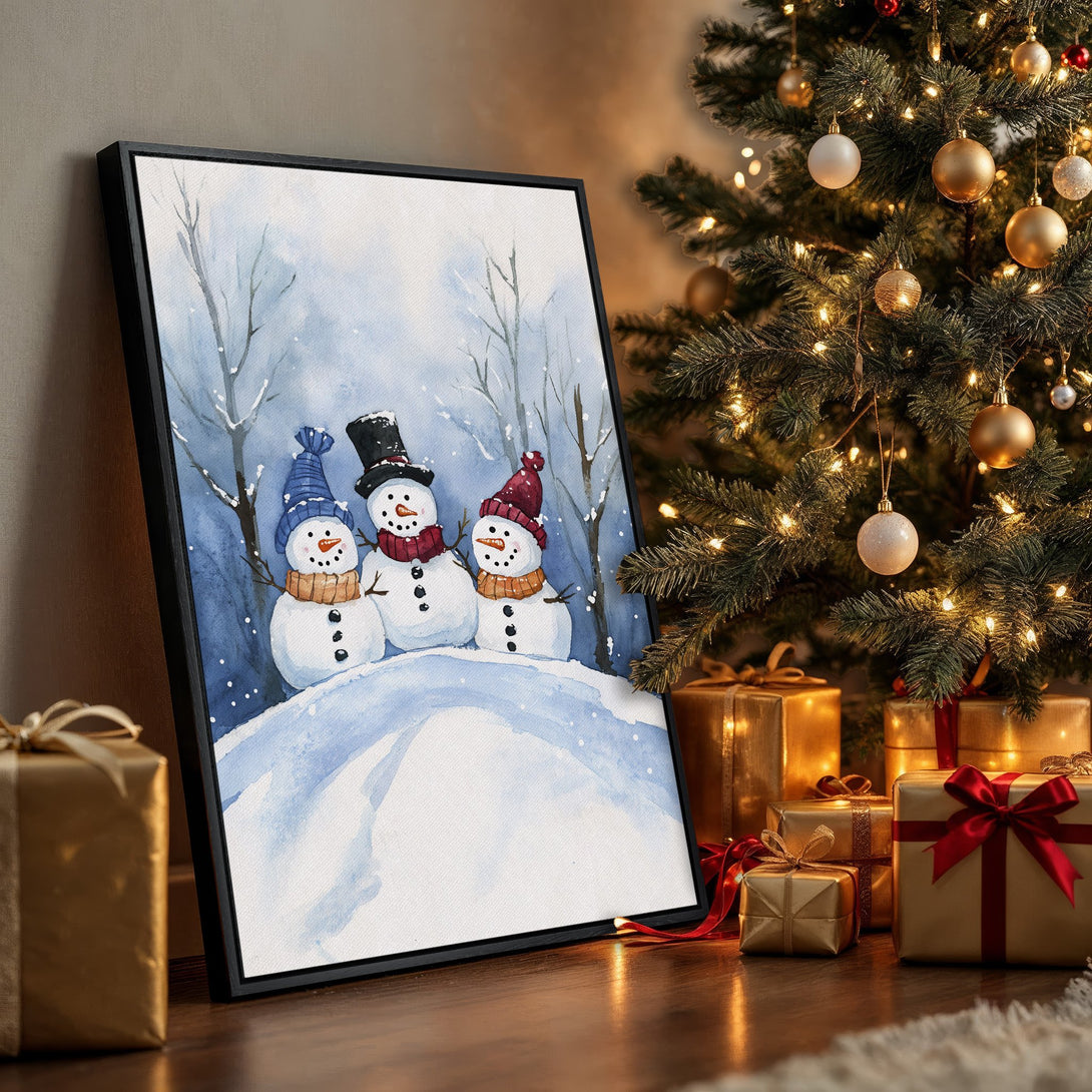 Framed Wall Art: Watercolor snowman scene in blue and white. Festive winter art with a Christmas tree and gifts. Perfect holiday decor!