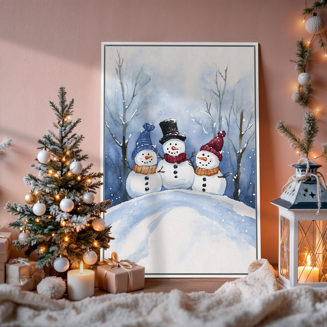 Framed Wall Art: Watercolor winter scene with snowmen in blue and white. Perfect holiday decor!