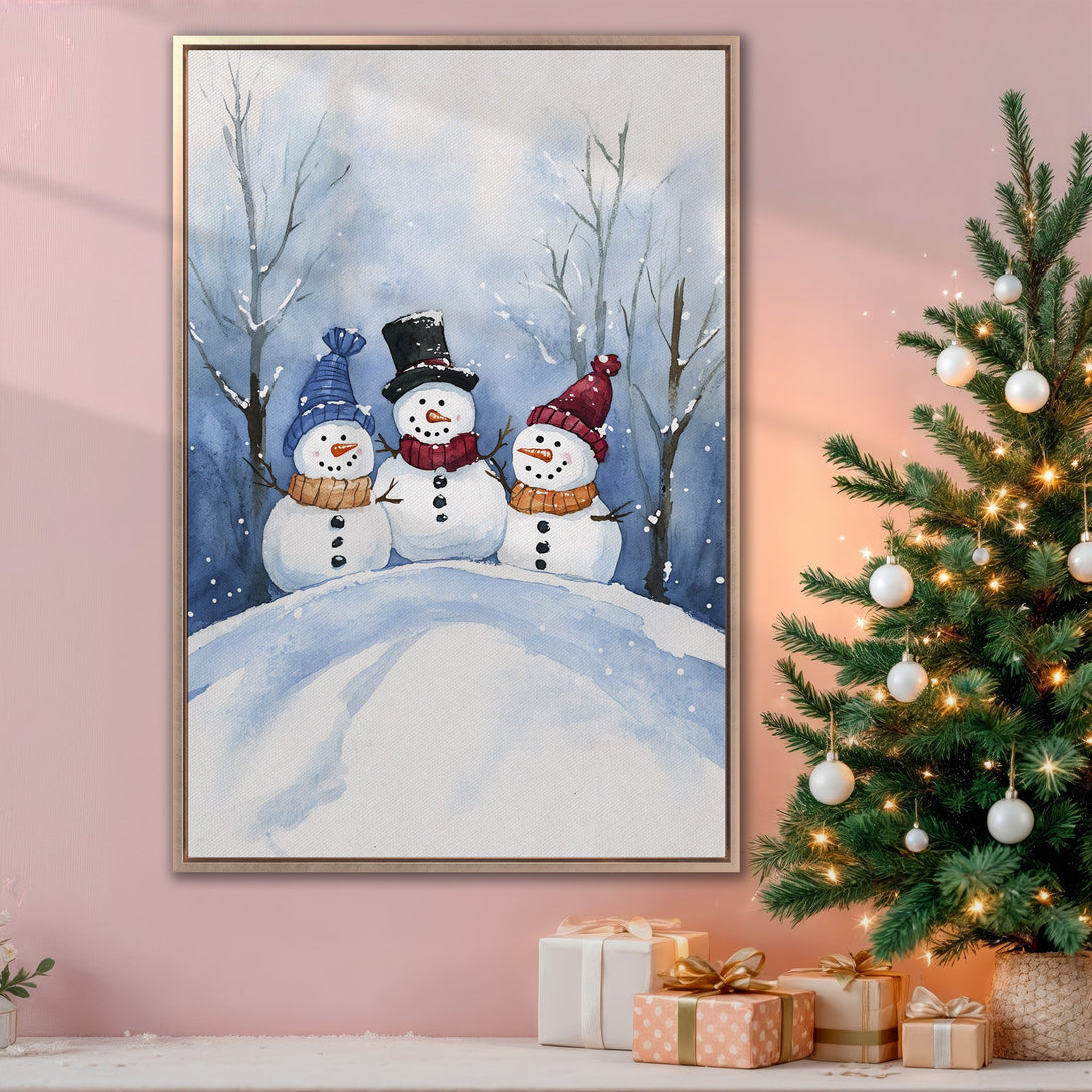 Framed Wall Art featuring whimsical watercolor snowmen in a winter scene. Soft blue and white palette, perfect for holiday decor.