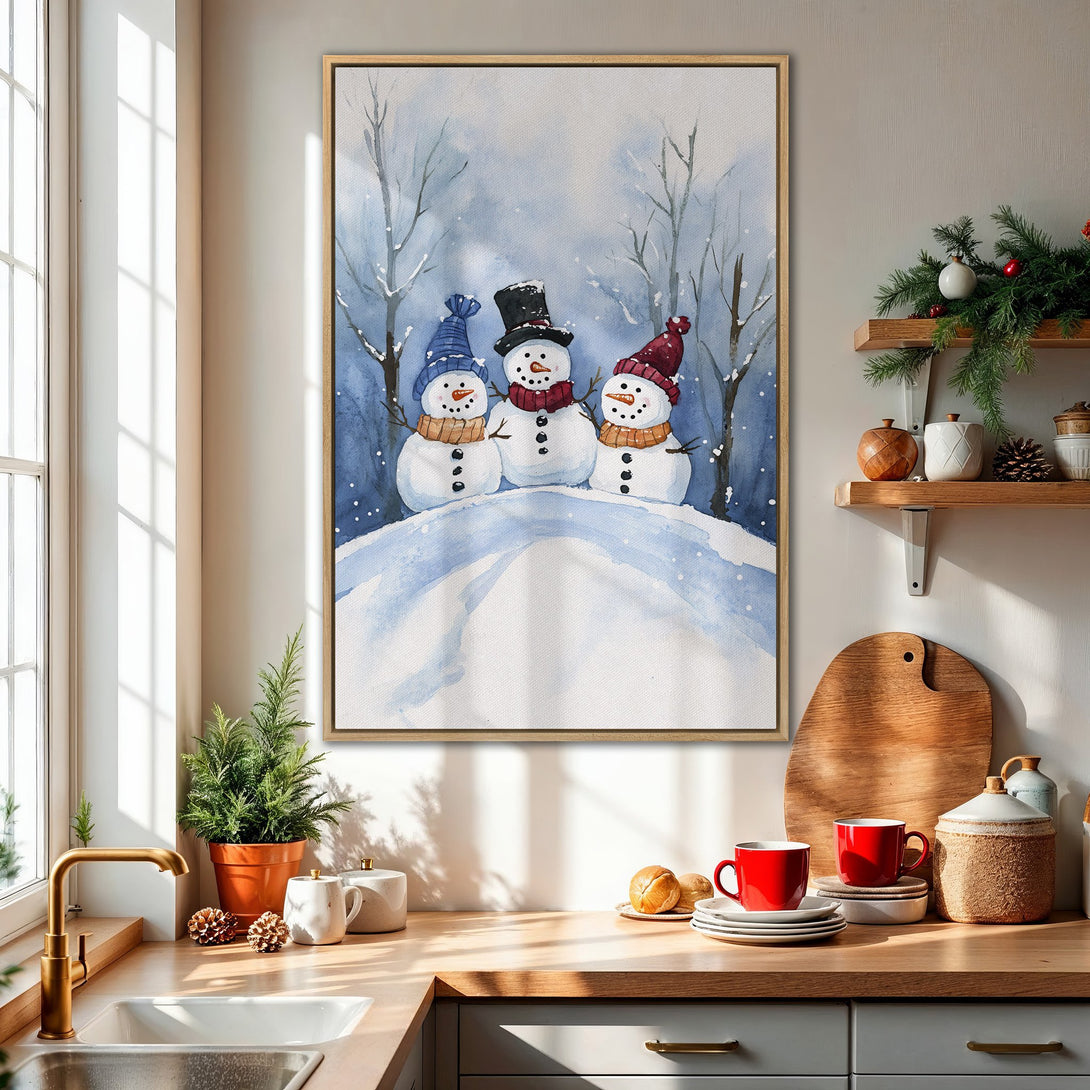 Framed Wall Art: Watercolor snowman scene in a cozy kitchen. Winter art with blue, white, and red palette, perfect for holiday decor.