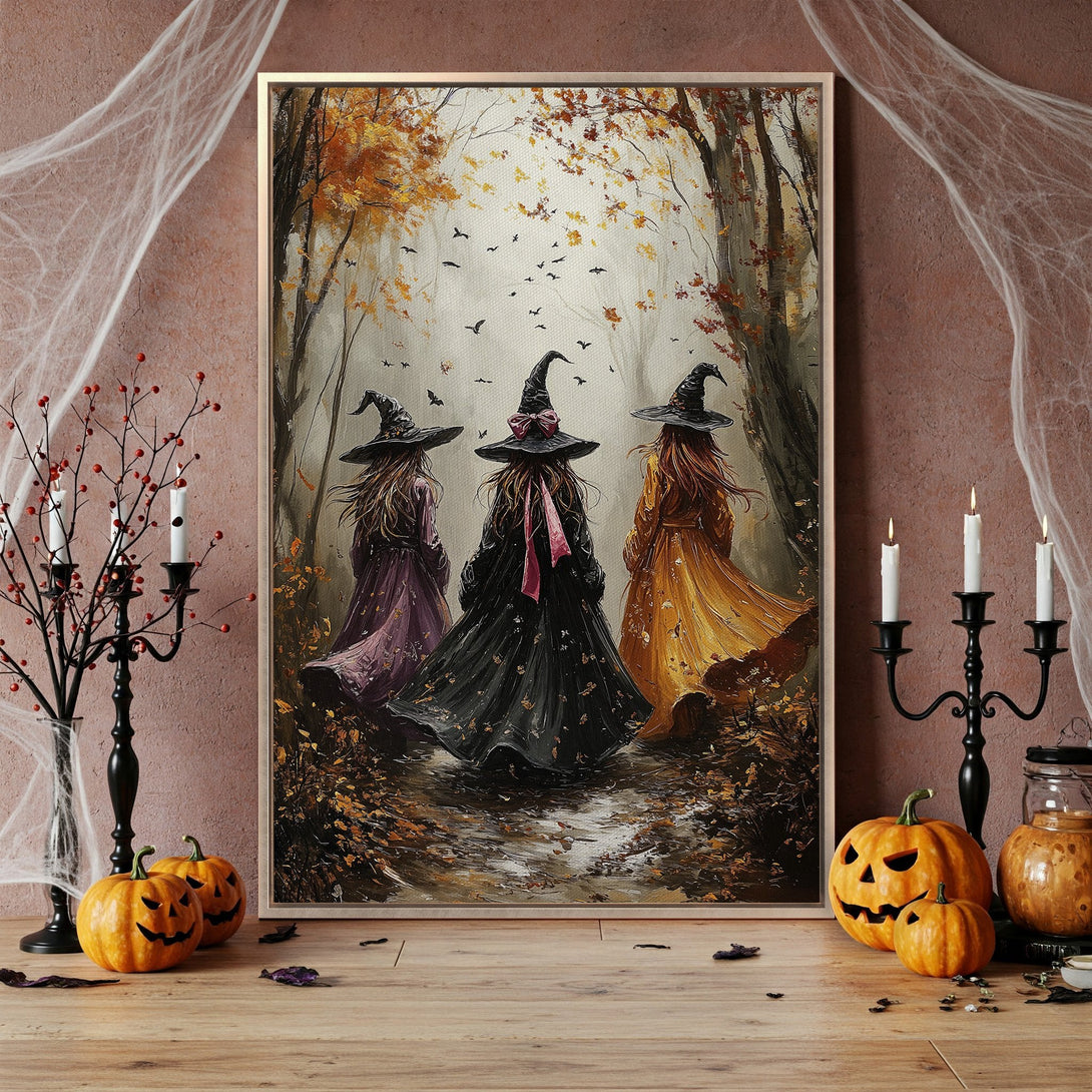 Framed Wall Art: Three witches in a forest, autumnal colors. Perfect for Halloween decor! Add a touch of spooky charm to your home.