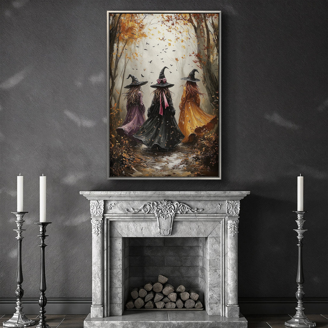 Framed Wall Art: Three witches in a forest, autumn colors. Perfect for Halloween decor! Add a touch of spooky charm to your home with this canvas print.