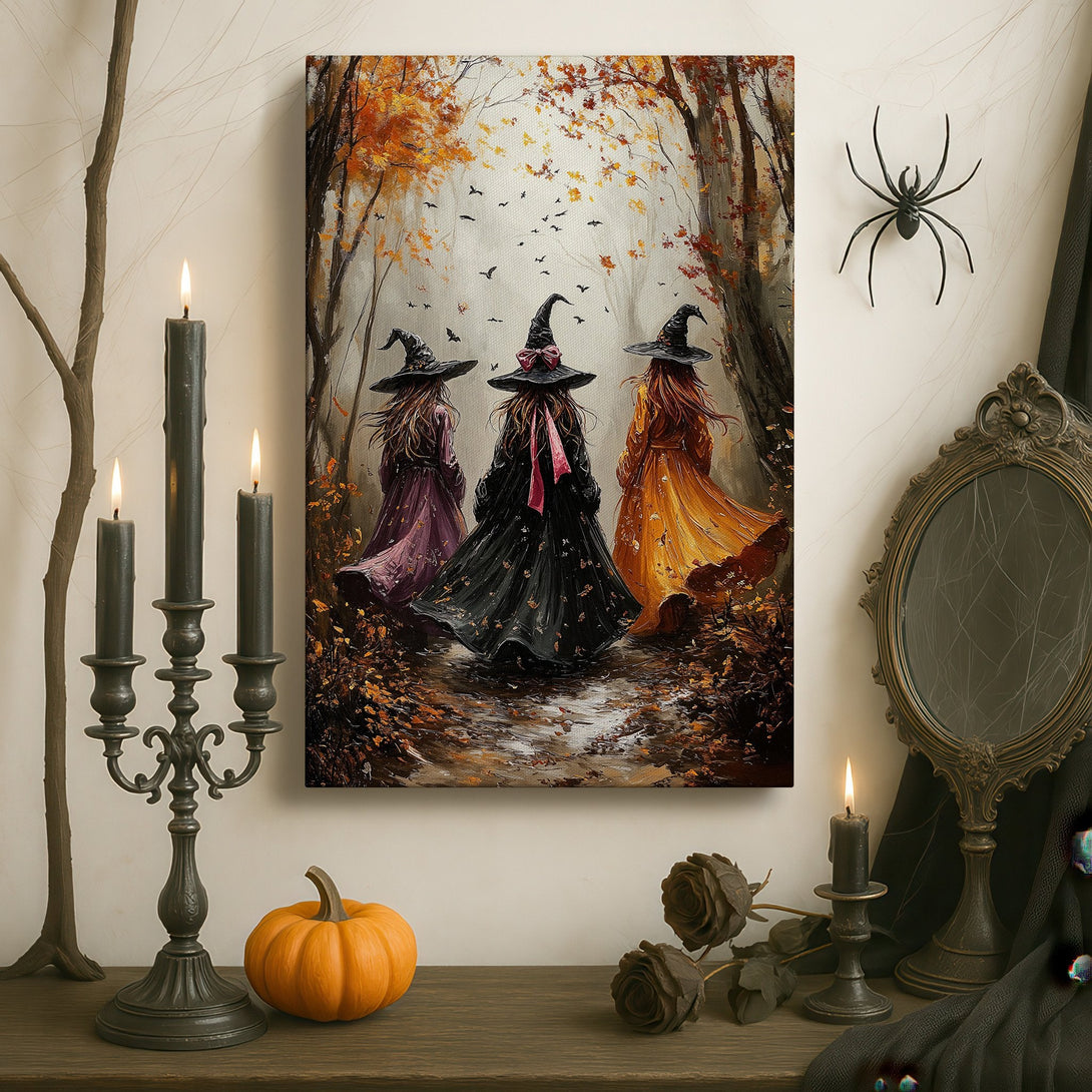 Framed Wall Art: Spooky witch painting in a gothic interior. Autumnal color palette with orange, purple, and black. Perfect for Halloween decor.