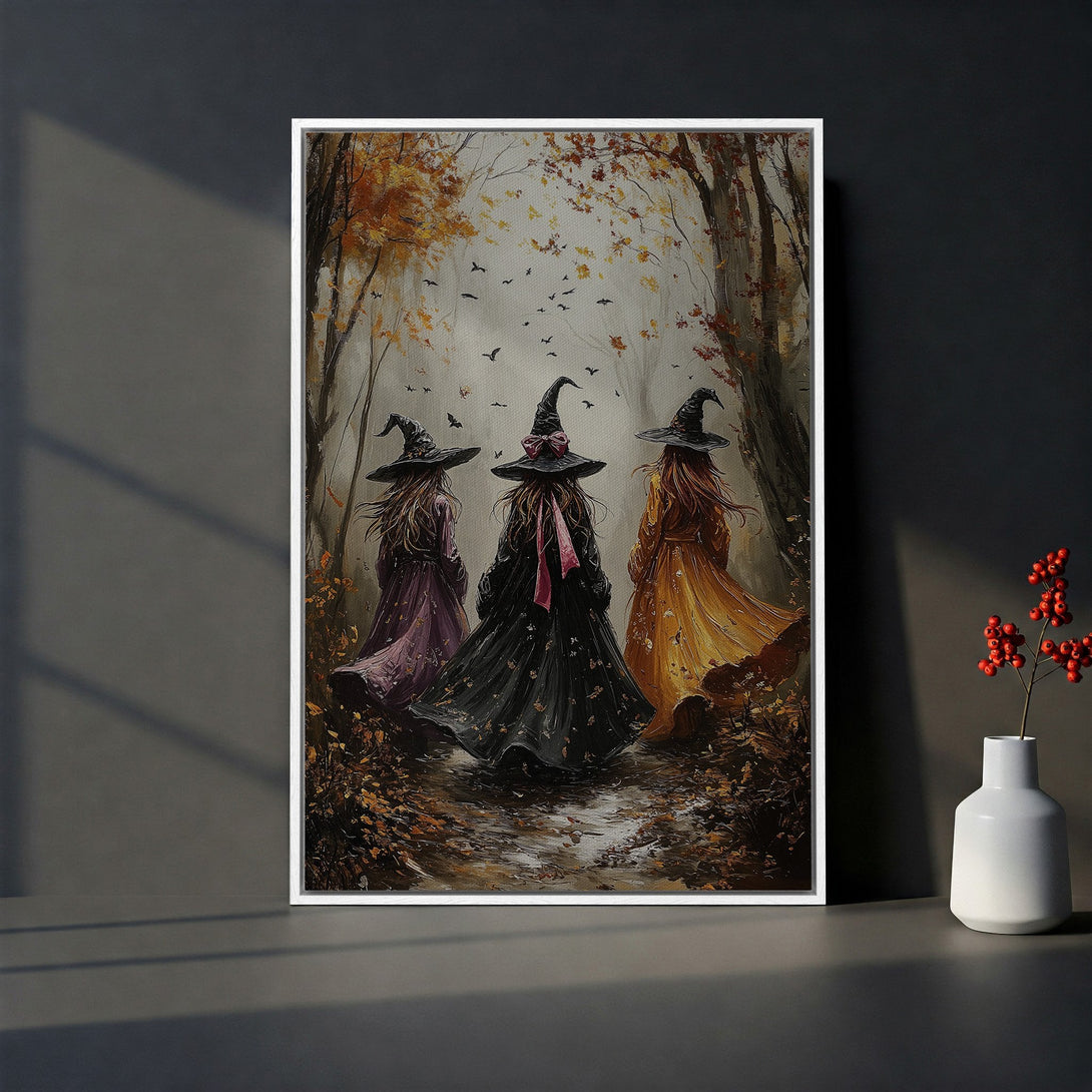 Framed Wall Art: Enchanting autumn witch painting in warm tones. Perfect Halloween decor! Adds a touch of mystery to any space. Canvas Print available.