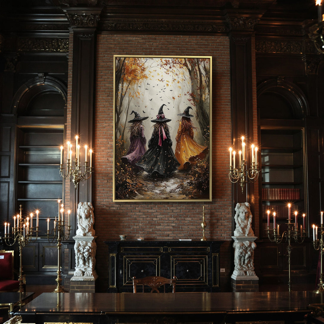Canvas Print: "Three Witches in the Woods". Autumnal art with warm orange, brown, and black tones. Perfect Halloween decor for a spooky touch.