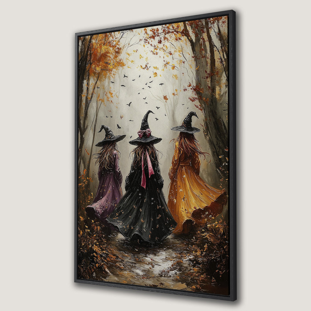Framed Wall Art featuring three witches in a colorful autumn forest. Impressionist style with warm orange, brown, and purple tones, perfect for Halloween decor.
