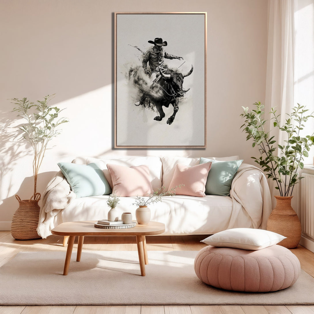 Framed Wall Art: Cowboy riding a bull, monochrome style, neutral color palette, perfect for modern living rooms. Elevate your space with this stunning piece!