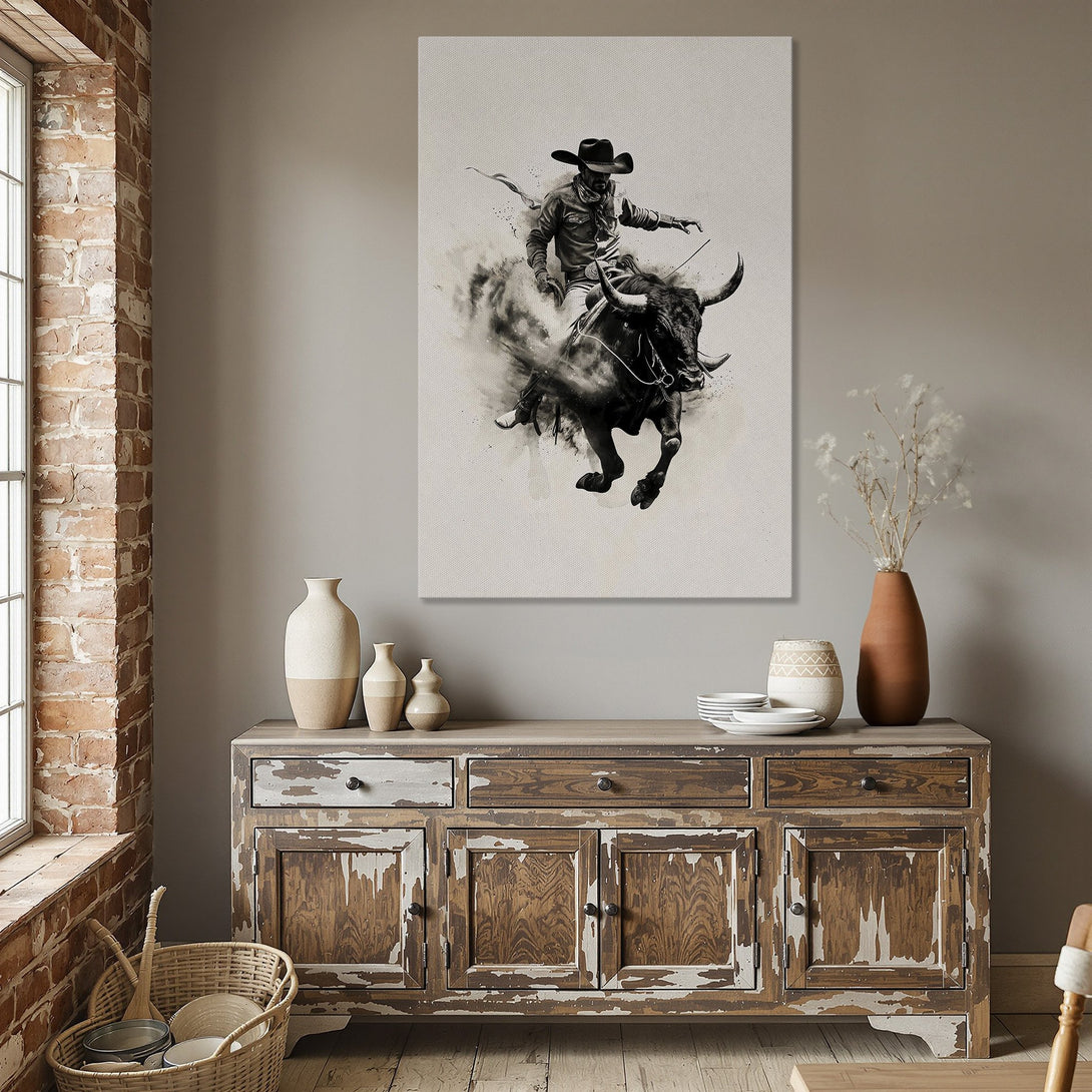 Framed Wall Art: Cowboy riding a bull in a black and white watercolor style. Perfect western decor for your dining room.