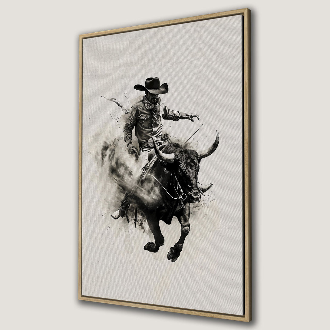 Framed Wall Art: Dynamic cowboy riding a bull. Black and white artwork with a vintage, watercolor style. Perfect western decor.