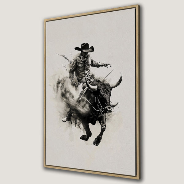 Framed Wall Art: Dynamic cowboy riding a bull. Black and white artwork with a vintage, watercolor style. Perfect western decor.