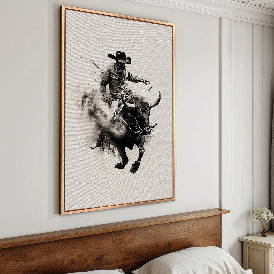 Framed Wall Art: Cowboy riding a bull in a dramatic, monochrome style. Rustic decor with a neutral color palette. Perfect for western-themed rooms.