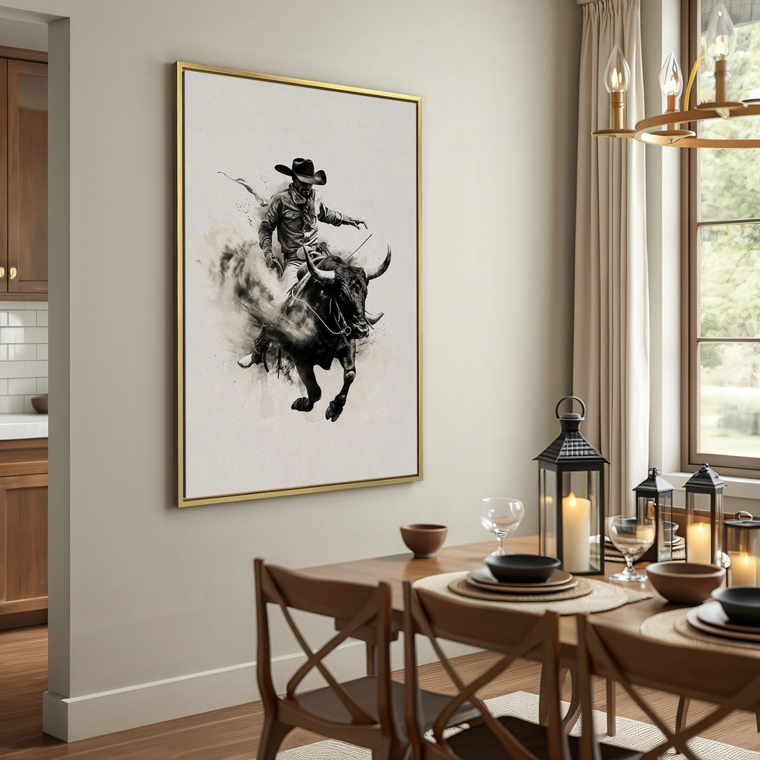 Canvas Print of a cowboy riding a bull, monochrome art in a neutral interior. Rustic, western-themed wall decor.