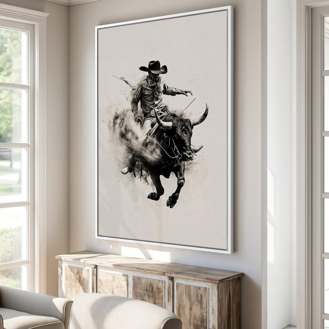 Framed Wall Art featuring a cowboy riding a bull, monochrome style. Perfect Western decor with neutral color palette for a rustic, yet modern feel.