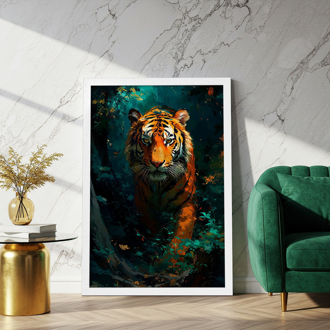 Framed Poster featuring a majestic tiger in vibrant orange and teal tones. Artistic style, perfect for home decor.