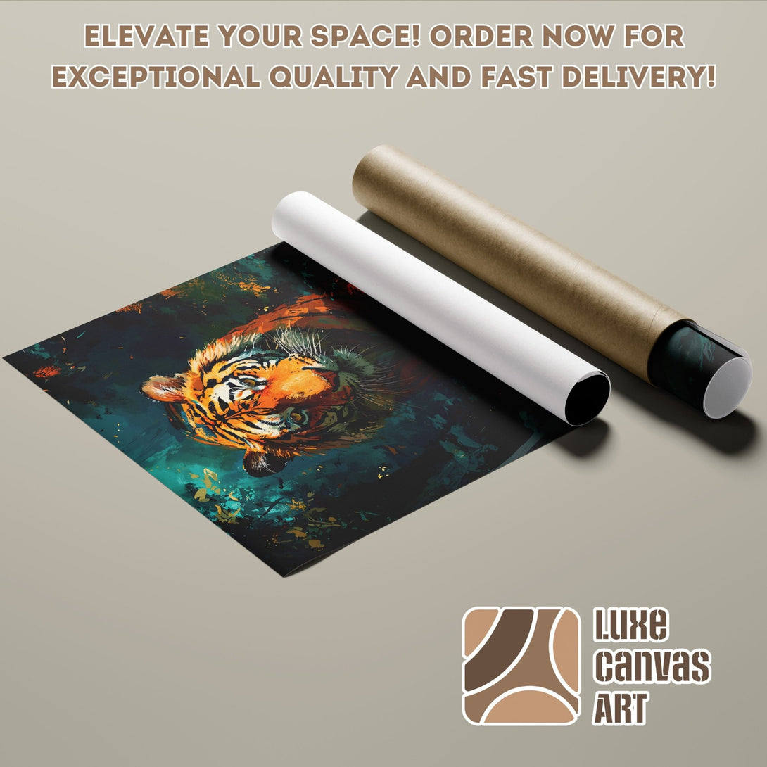 Poster Roll featuring a tiger art print in a teal and orange color palette. Perfect for modern decor!