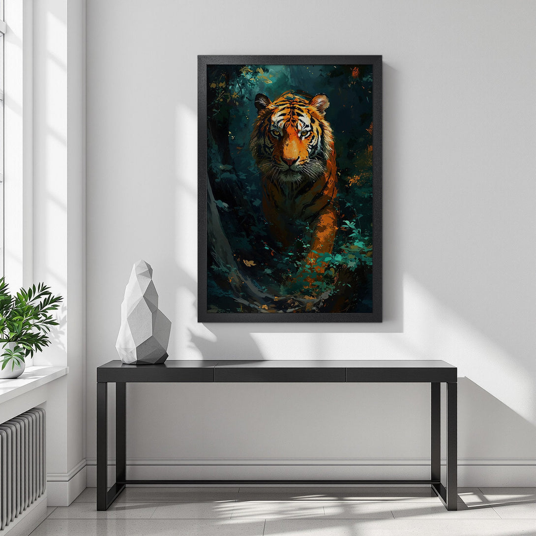 Framed Poster featuring a majestic tiger in a lush, painterly style. Rich teal, orange, and green color palette. Add a touch of wild to your decor!